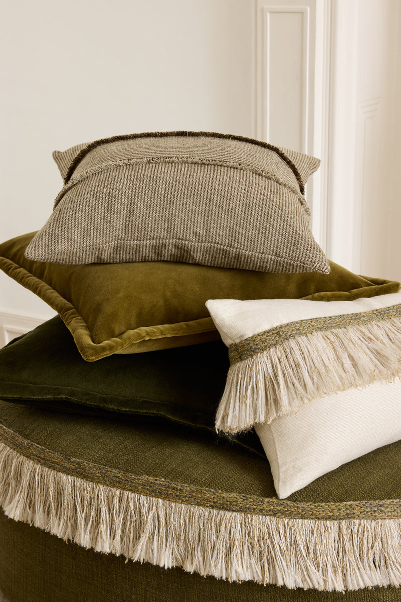 Salopette Cushion with Fringed Panels - Khaki