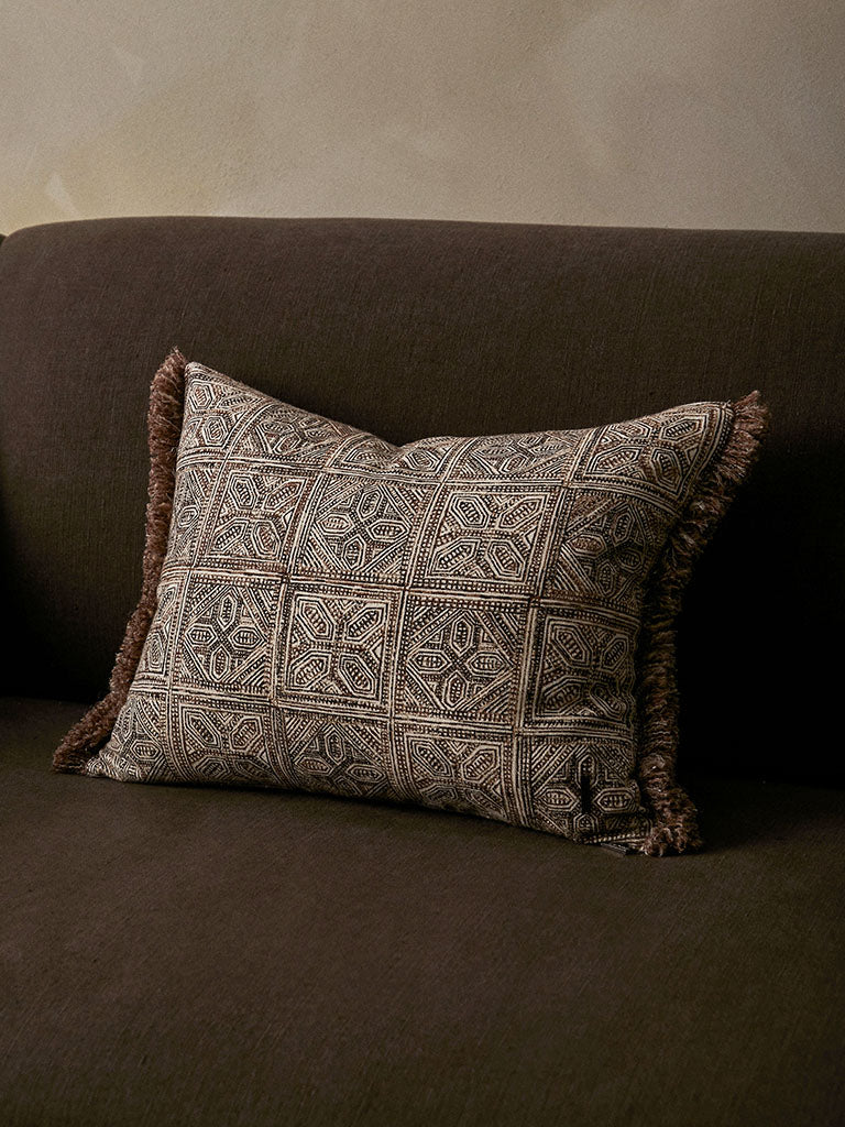 Batik Block Print Cushion with Fringing - Brick