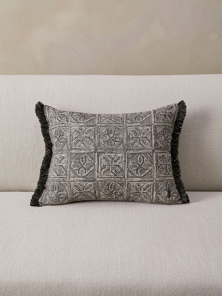 Batik Block Print Cushion with Fringing - Charcoal