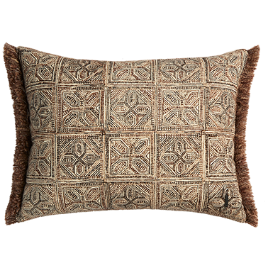 Batik Block Print Cushion with Fringing - Brick