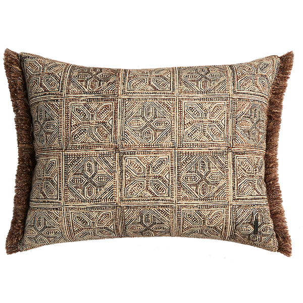 Batik Block Print Cushion with Fringing - Brick