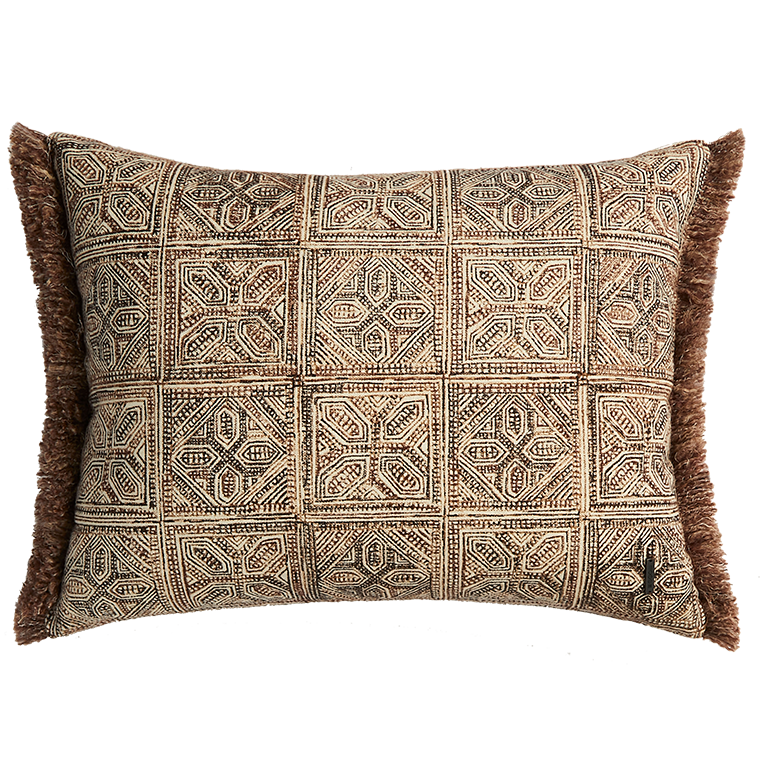 Batik Block Print Cushion with Fringing - Brick