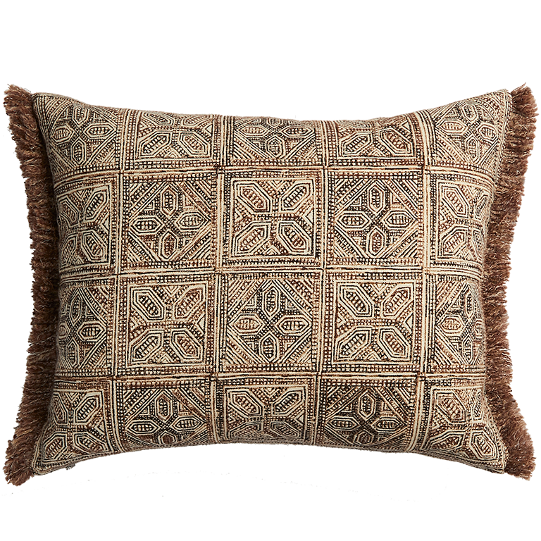 Batik Block Print Cushion with Fringing - Brick