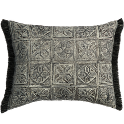 Batik Block Print Cushion with Fringing - Charcoal