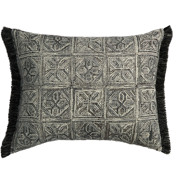 Batik Block Print Cushion with Fringing - Charcoal