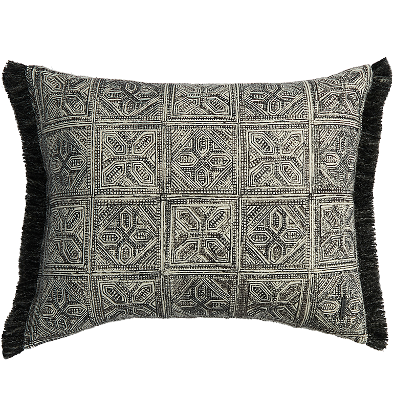 Batik Block Print Cushion with Fringing - Charcoal