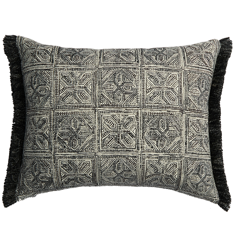 Batik Block Print Cushion with Fringing - Charcoal