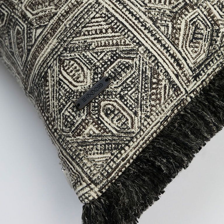 Batik Block Print Cushion with Fringing - Charcoal