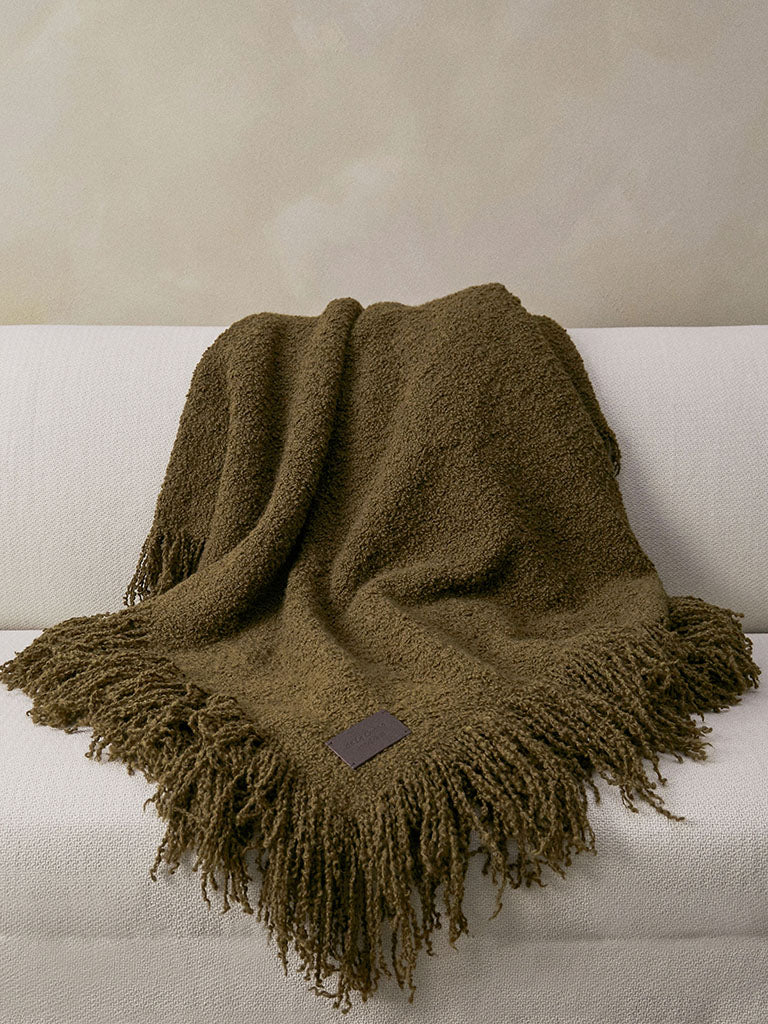 Handwoven Alpaca Blanket with Fringe - Khaki