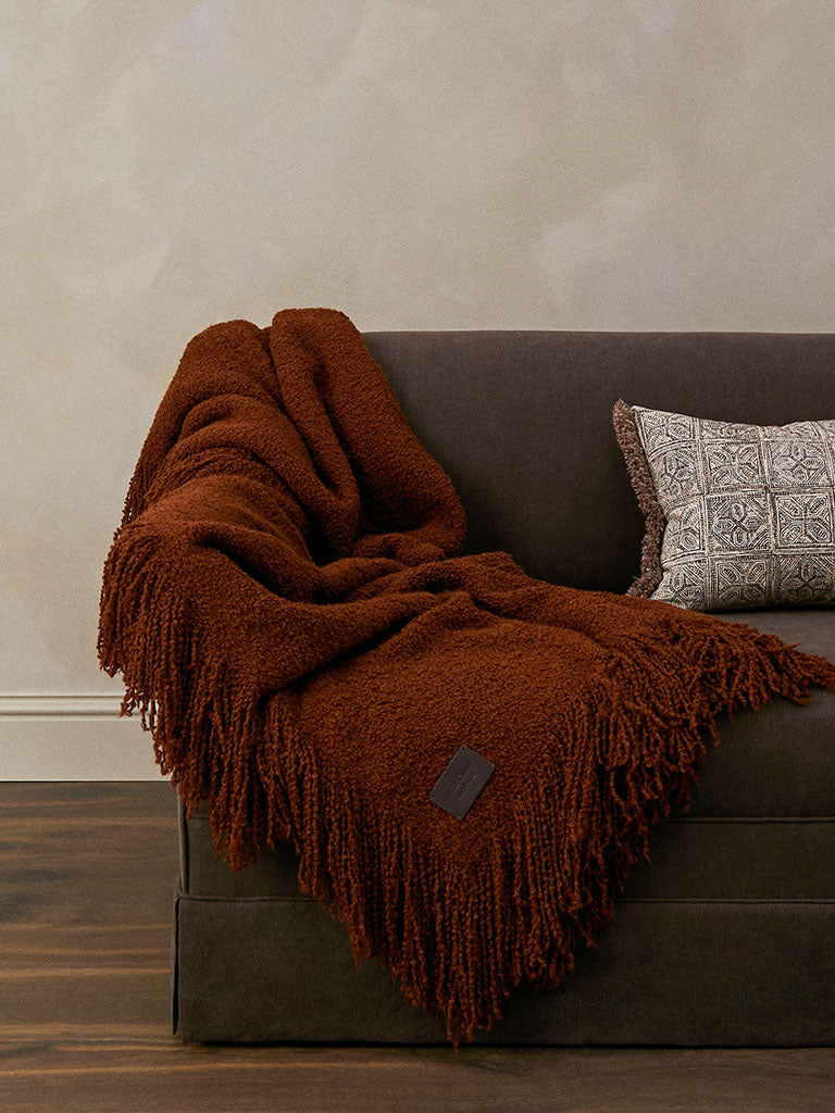 Handwoven Alpaca Blanket with Fringe - Rust