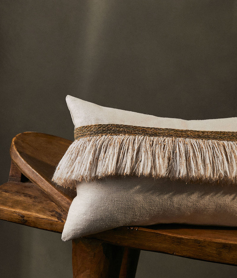 Jungle Silk Cushion with Textured Fringe - Coconut