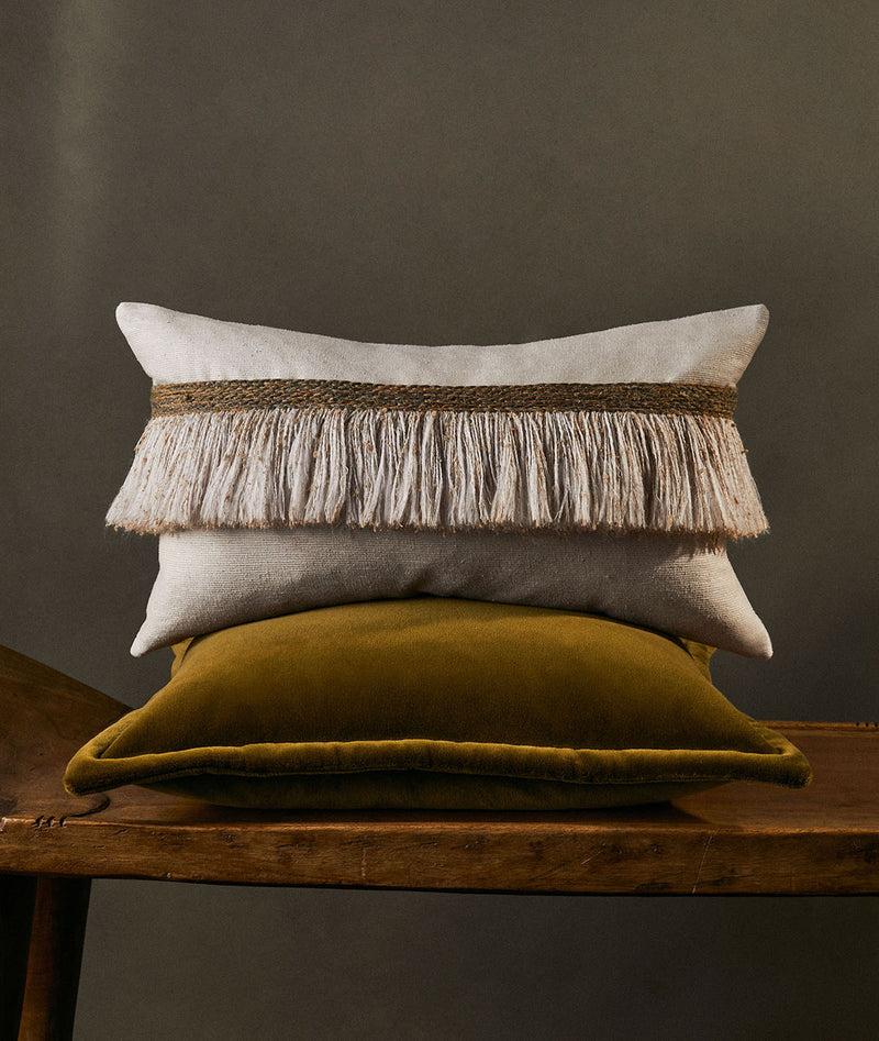 Jungle Silk Cushion with Textured Fringe - Coconut