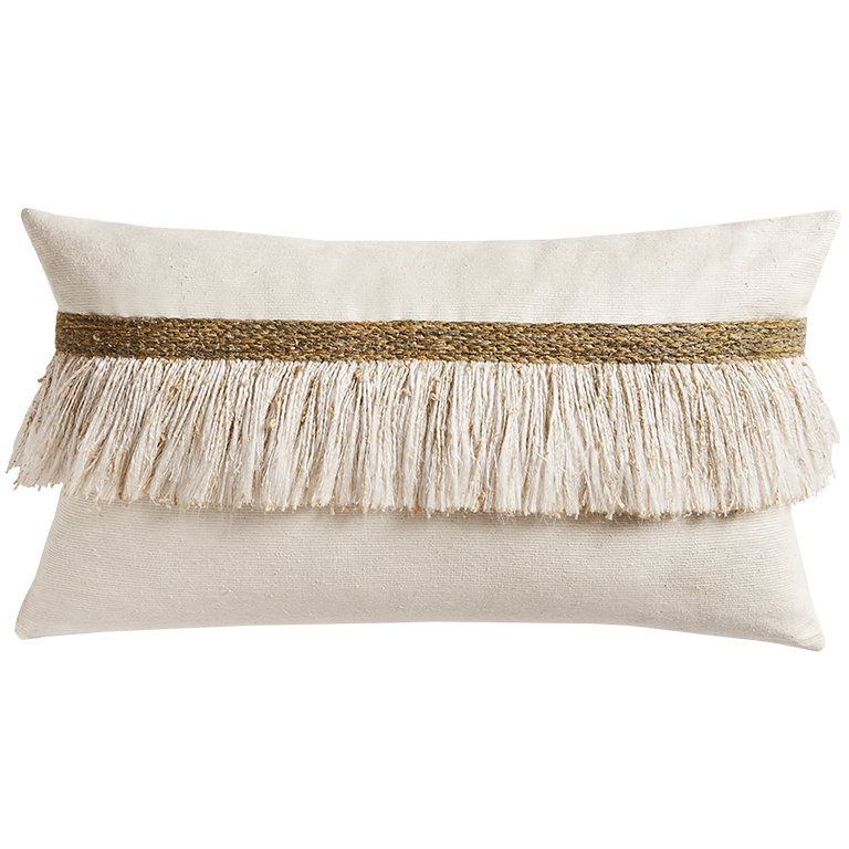 Jungle Silk Cushion with Textured Fringe - Coconut