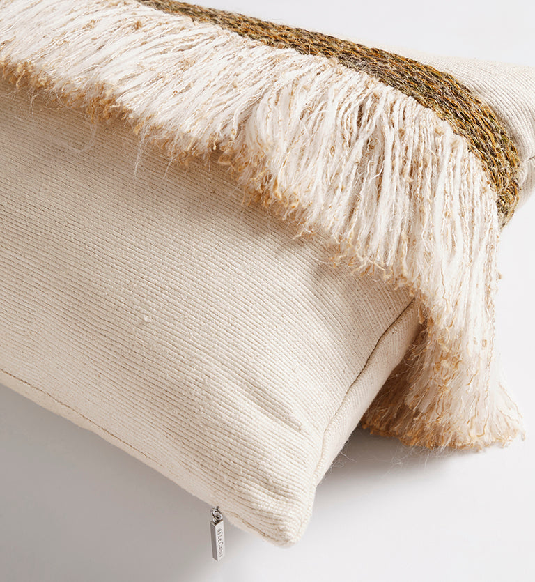 Jungle Silk Cushion with Textured Fringe - Coconut