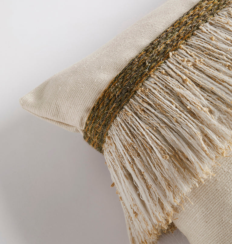 Jungle Silk Cushion with Textured Fringe - Coconut
