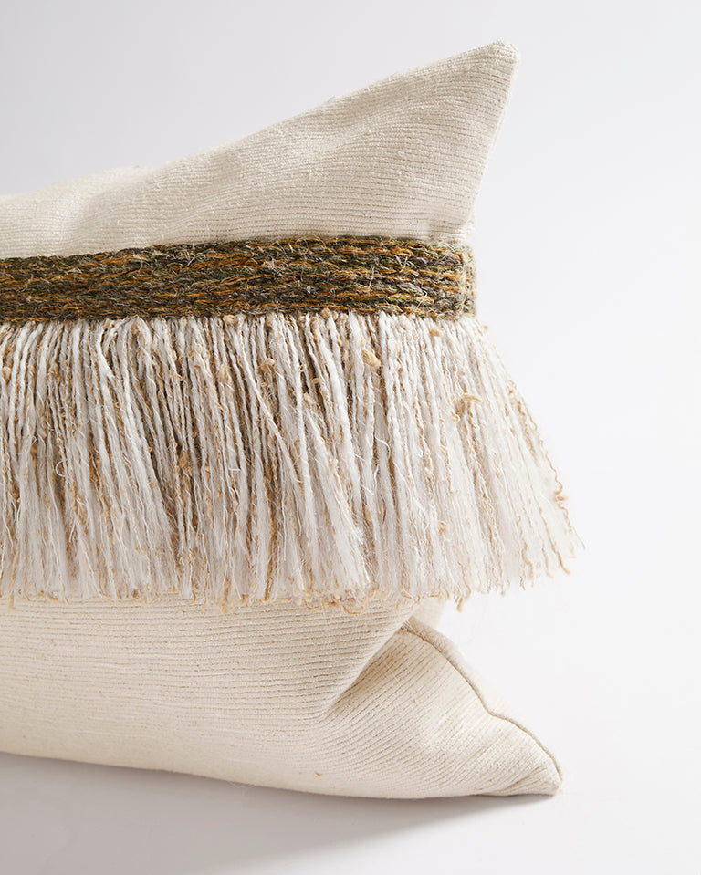 Jungle Silk Cushion with Textured Fringe - Coconut