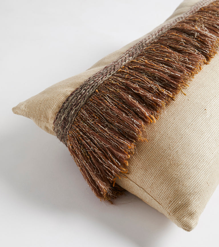 Jungle Silk Cushion with Textured Fringe - Sugarcane