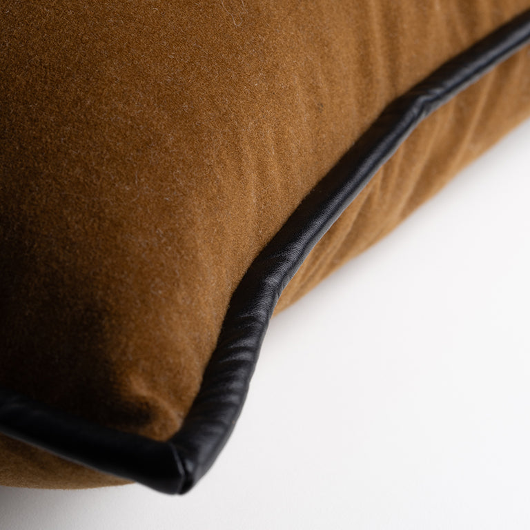 Merino Velvet Cushion with Black Leather Trim - Maple