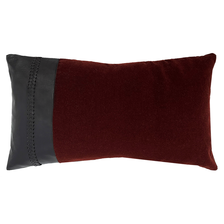 Merino Velvet Cushion with Bourneville Leather Braiding - Currant