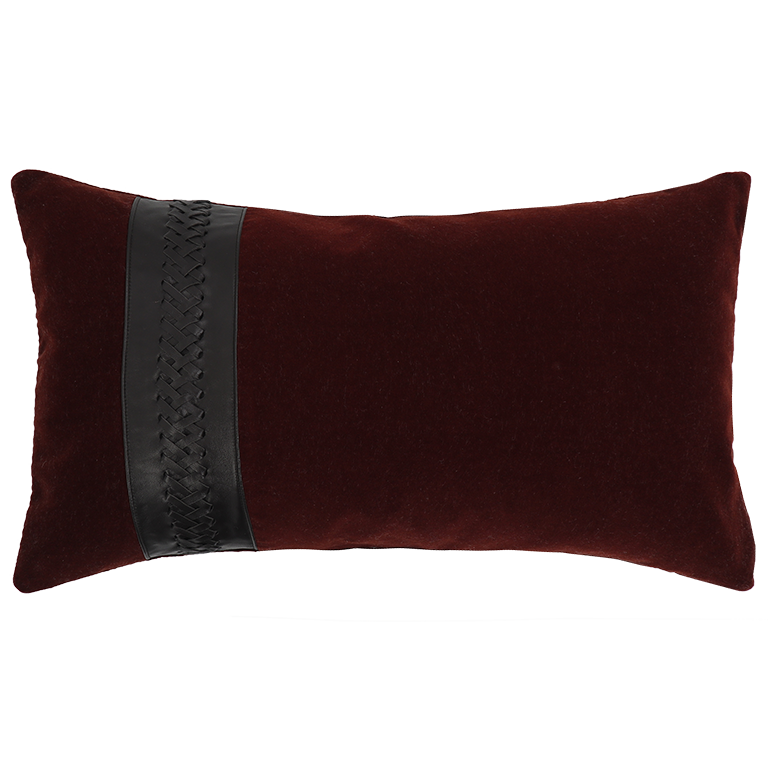 Merino Velvet Cushion with Leather Braiding - Currant