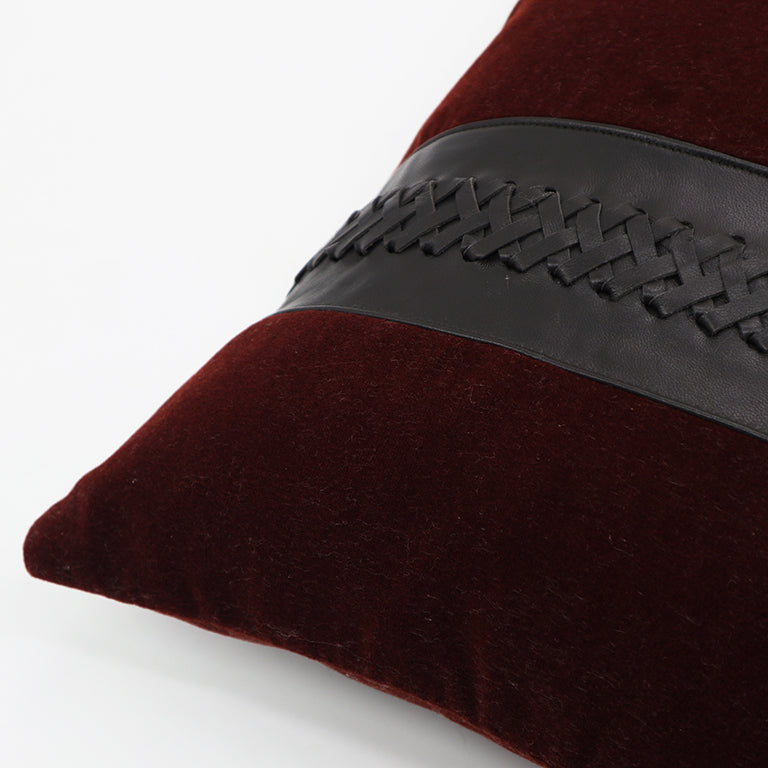 Merino Velvet Cushion with Leather Braiding - Currant