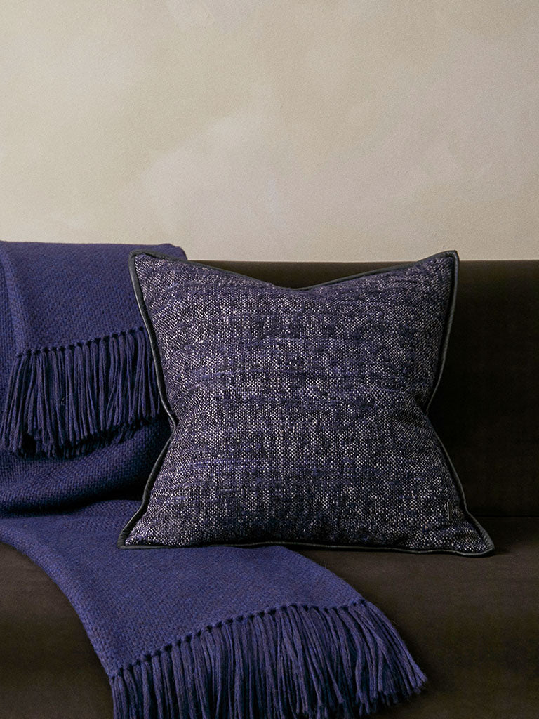 Wild Silk Cushion with Leather Trim - Navy