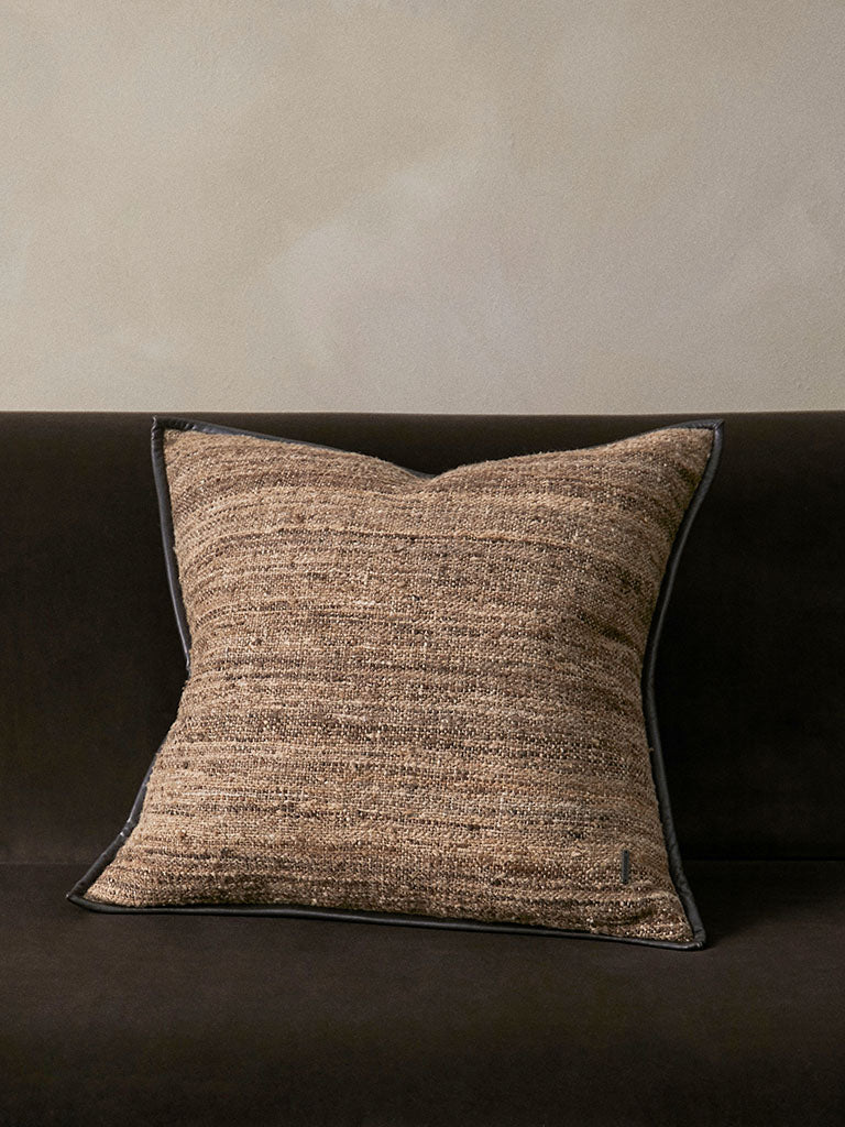 Wild Silk Cushion with Leather Trim - Natural