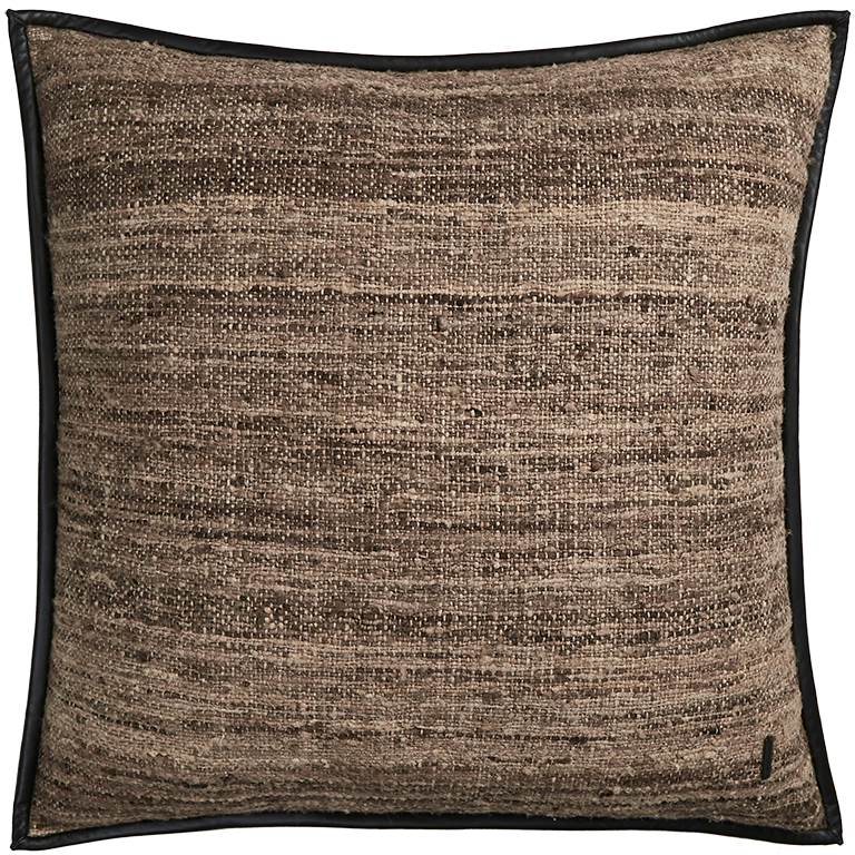 Wild Silk Cushion with Leather Trim - Natural