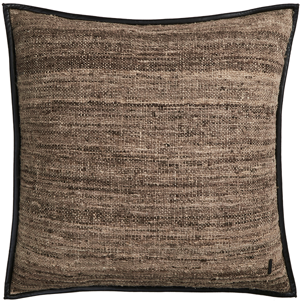 Wild Silk Cushion with Leather Trim - Natural