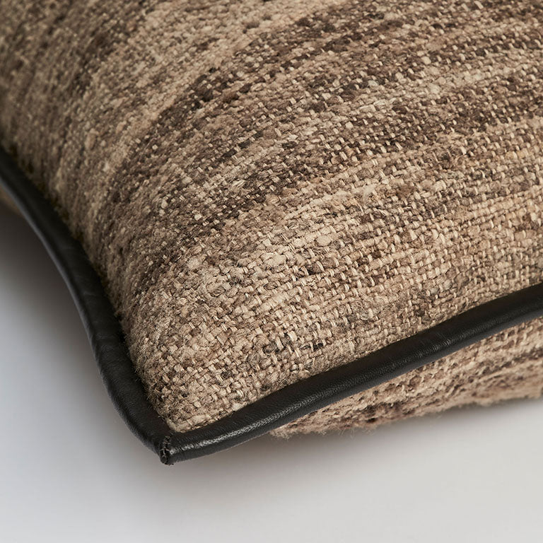 Wild Silk Cushion with Leather Trim - Natural