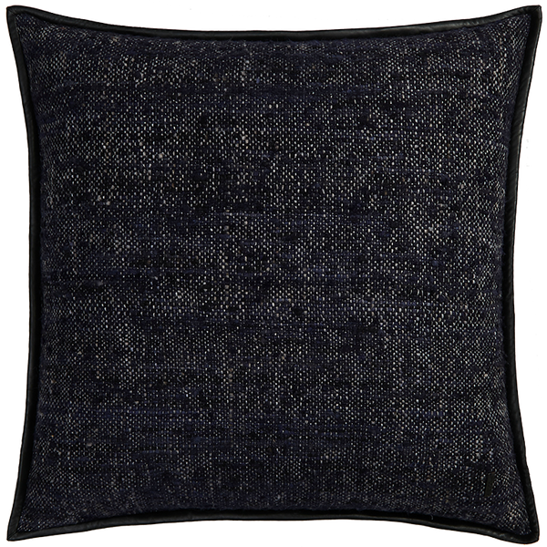 Wild Silk Cushion with Leather Trim - Navy