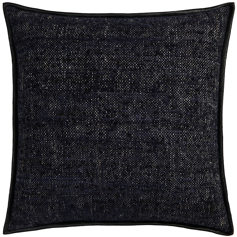 Wild Silk Cushion with Leather Trim - Navy