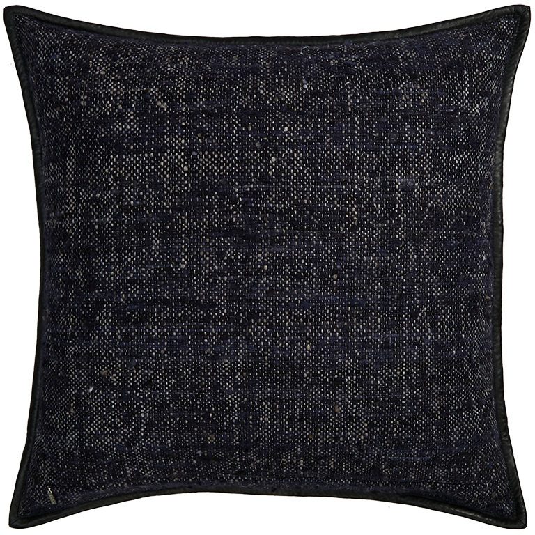 Wild Silk Cushion with Leather Trim - Navy