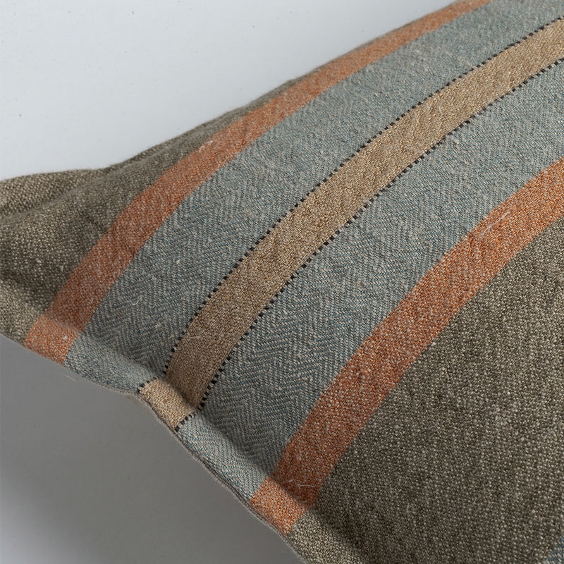 Striped Linen Cushion with Self Flange - Teal/Clay §